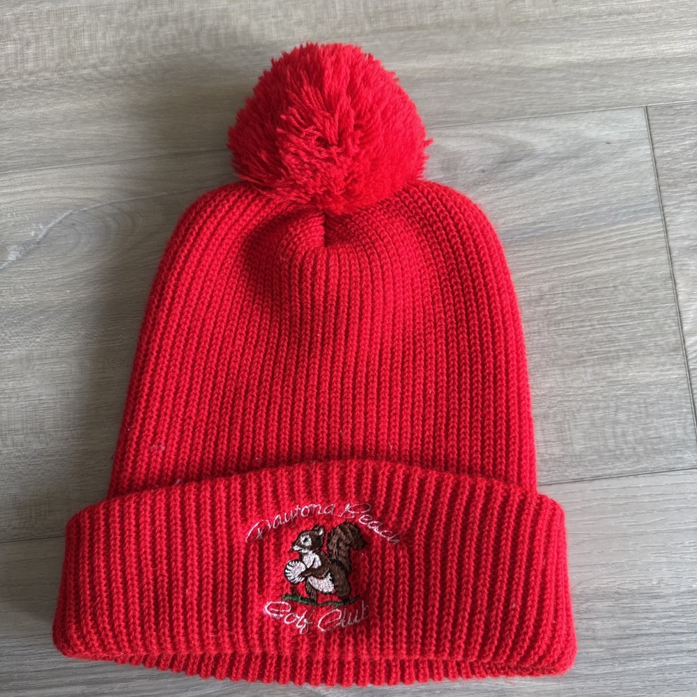 Vintage Daytona Beach Golf Club Red Pom Pom‎ Knit Beanie Hat Squirrel USA